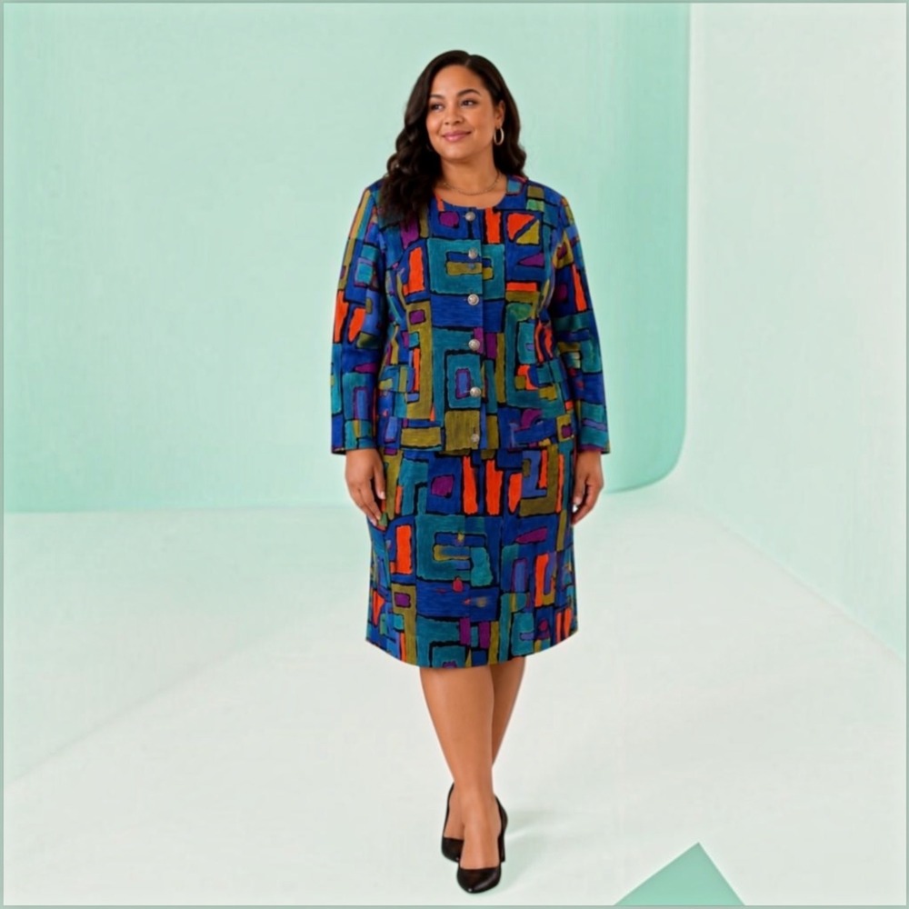 Vintage Maggie McNaughton 18W Abstract Geometric Skirt Suit Plus Size Art Print‎